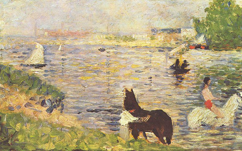 Weibes und schwarzes Pferd im Flub, Georges Seurat
